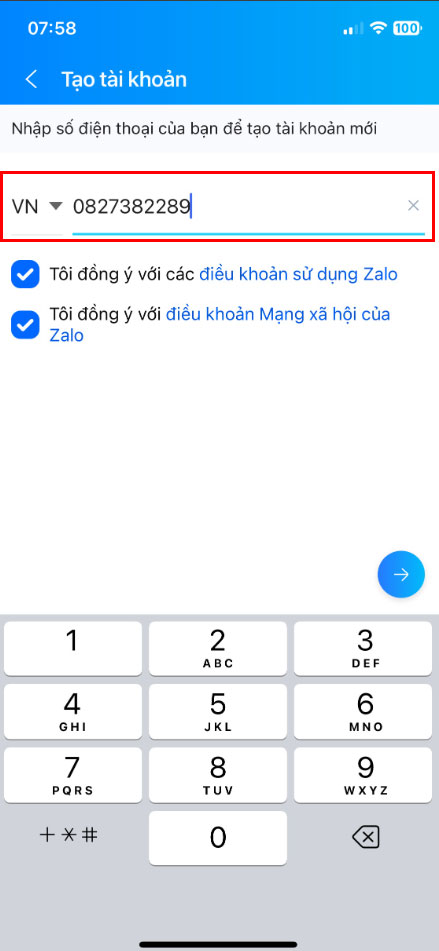 Nhập số điện thoại đăng ký Zalo